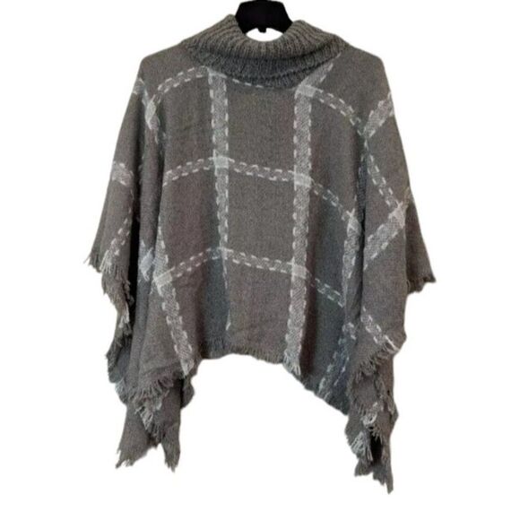 Laundry By Design Womens O/S Grey Combo Poncho Plaid Pure Acrylic Fringe Shawl - Picture 1 of 7